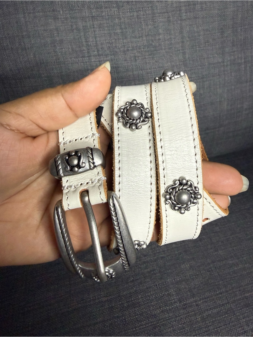 Urban Outfitters White Studded Leather Belt with Silver Accents